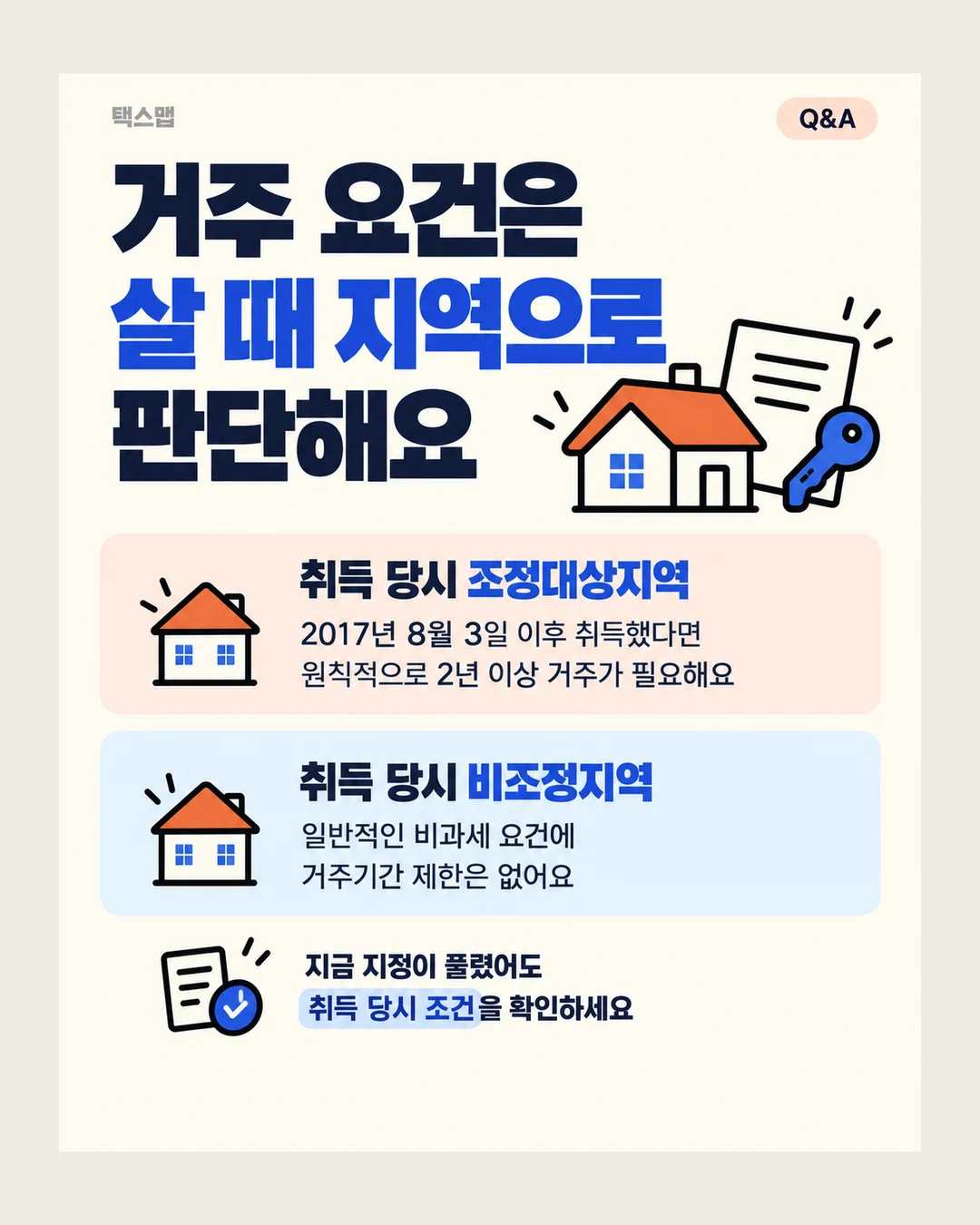 택스맵 Q&A 거주 요건은 살 때 지역으로 판단해요 취득 당시 조정대상지역 2017년 8월 3일 이후 취득했다면 원칙적으로 2년 이상 거주가 필요해요 취득 당시 비조정지역 일반적인 비과세 요건에 거주기간 제한은 없어요 지금 지정이 풀렸어도 취득 당시 조건을 확인하세요