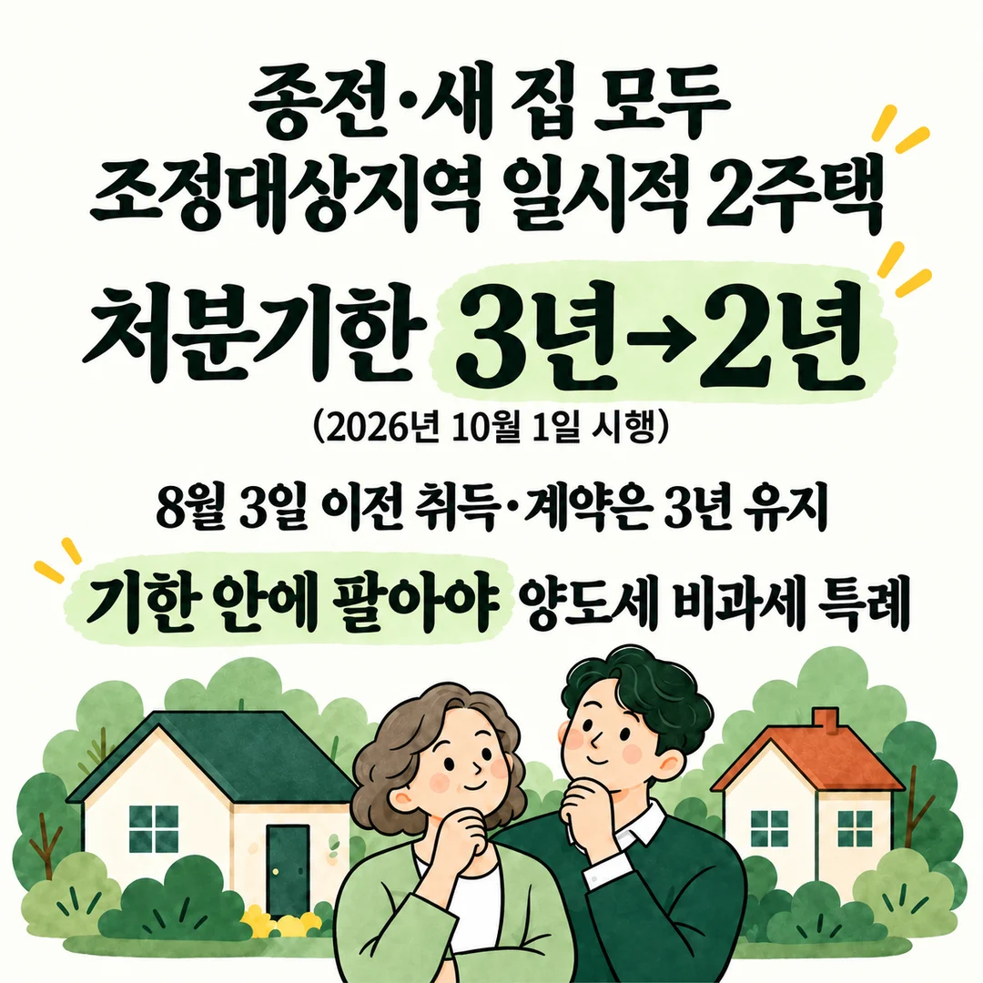 종전·새 집 모두 조정대상지역 일시적 2주택 처분기한 3년→2년 (2026년 10월 1일 시행) 8월 3일 이전 취득·계약은 3년 유지 기한 안에 팔아야 양도세 비과세 특례