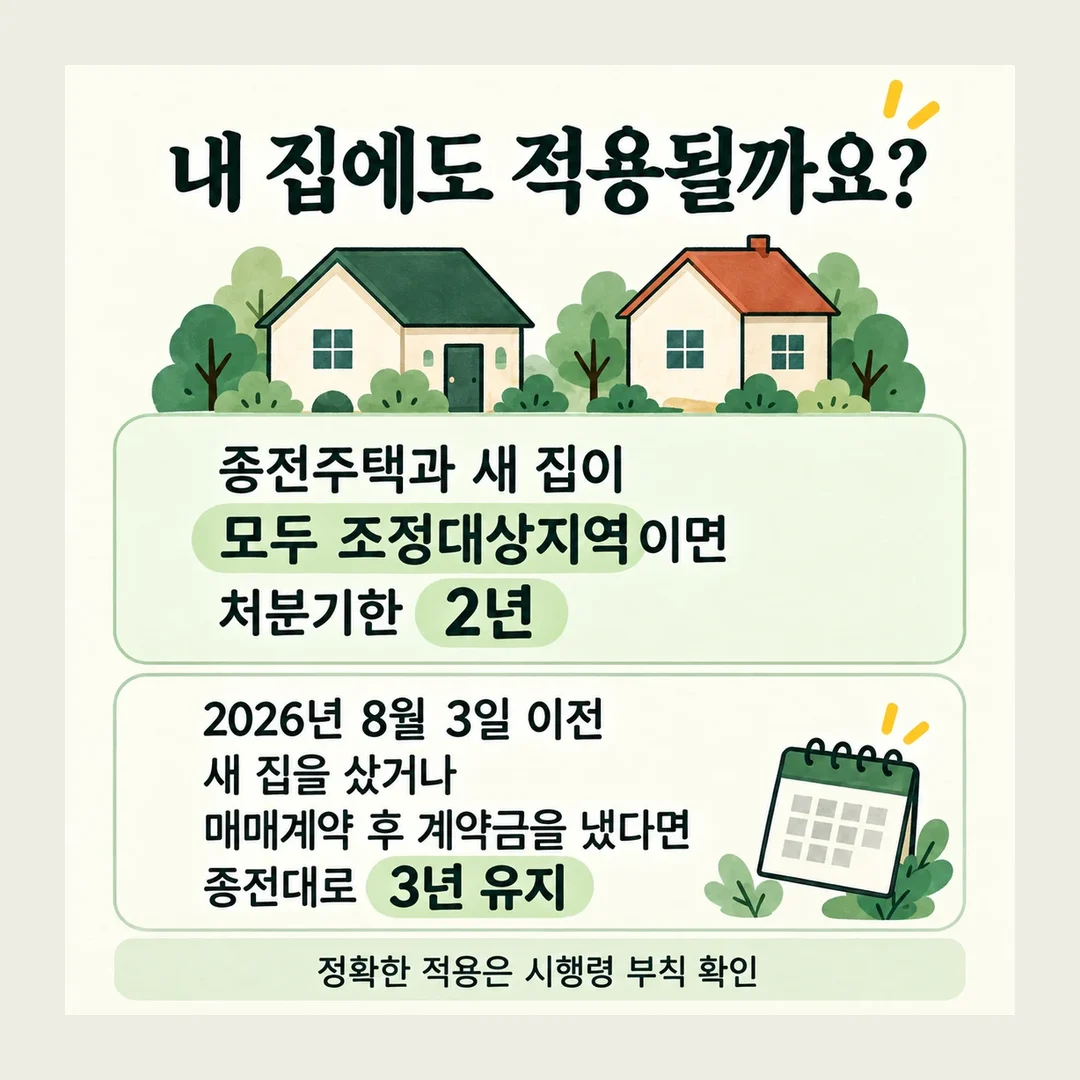 내 집에도 적용될까요? 종전주택과 새 집이 모두 조정대상지역이면 처분기한 2년 2026년 8월 3일 이전 새 집을 샀거나 매매계약 후 계약금을 냈다면 종전대로 3년 유지 정확한 적용은 시행령 부칙 확인