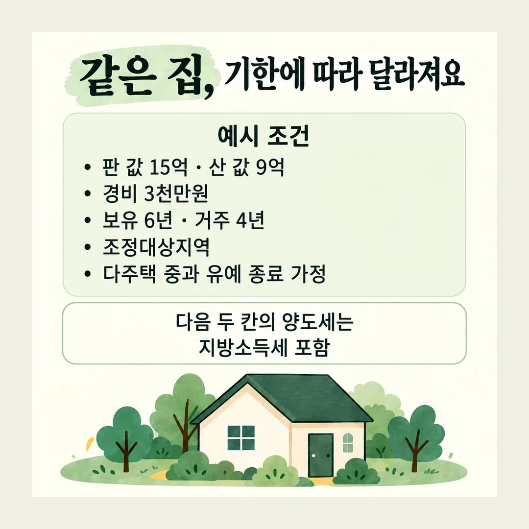 같은 집, 기한에 따라 달라져요 예시 조건 판 값 15억 · 산 값 9억 경비 3천만원 보유 6년 · 거주 4년 조정대상지역 다주택 중과 유예 종료 가정 다음 두 칸의 양도세는 지방소득세 포함