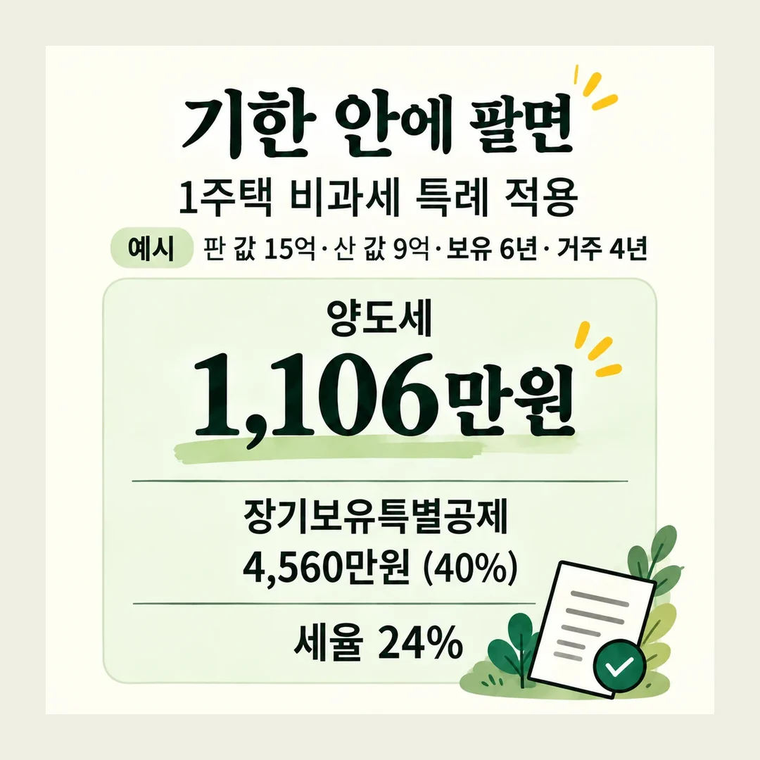 기한 안에 팔면 1주택 비과세 특례 적용 예시 판 값 15억·산 값 9억·보유 6년·거주 4년 양도세 1,106만원 장기보유특별공제 4,560만원 (40%) 세율 24%