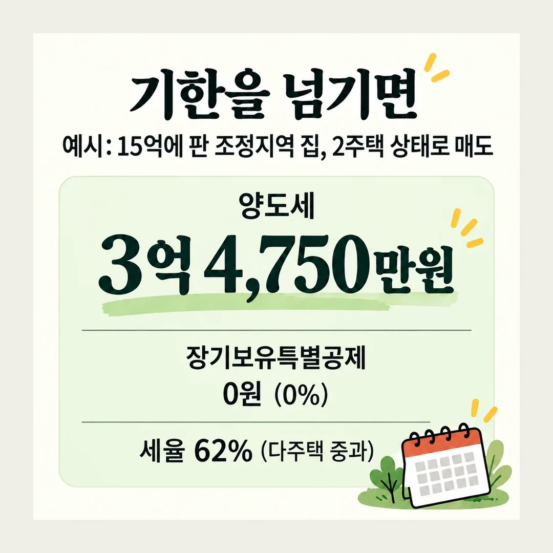 기한을 넘기면 예시: 15억에 판 조정지역 집, 2주택 상태로 매도 양도세 3억 4,750만원 장기보유특별공제 0원 (0%) 세율 62% (다주택 중과)
