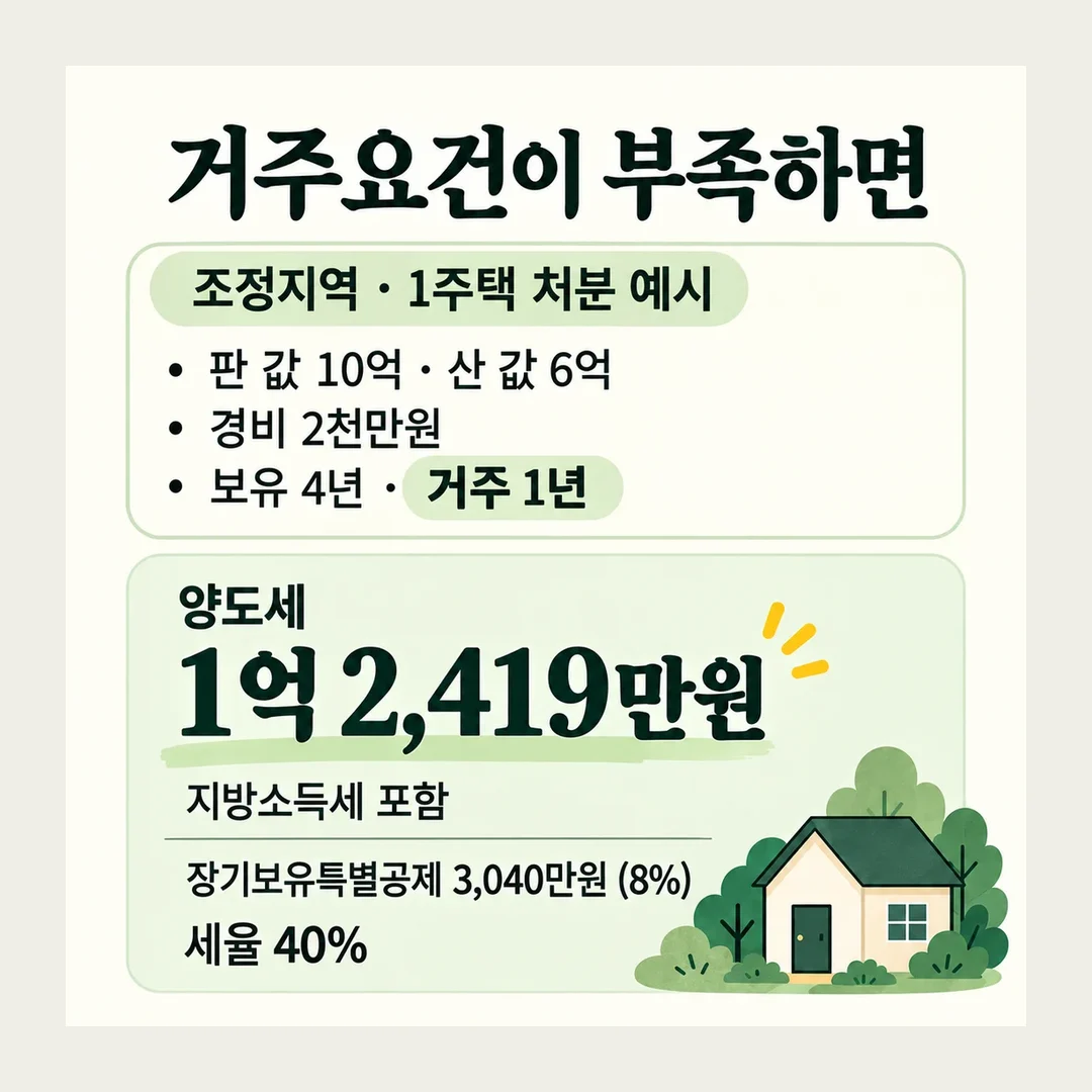 거주요건이 부족하면 조정지역 · 1주택 처분 예시 판 값 10억 · 산 값 6억 경비 2천만원 보유 4년 · 거주 1년 양도세 1억 2,419만원 지방소득세 포함 장기보유특별공제 3,040만원 (8%) 세율 40%
