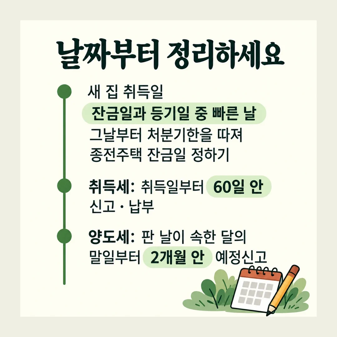 날짜부터 정리하세요 새 집 취득일 잔금일과 등기일 중 빠른 날 그날부터 처분기한을 따져 종전주택 잔금일 정하기 취득세: 취득일부터 60일 안 신고·납부 양도세: 판 날이 속한 달의 말일부터 2개월 안 예정신고
