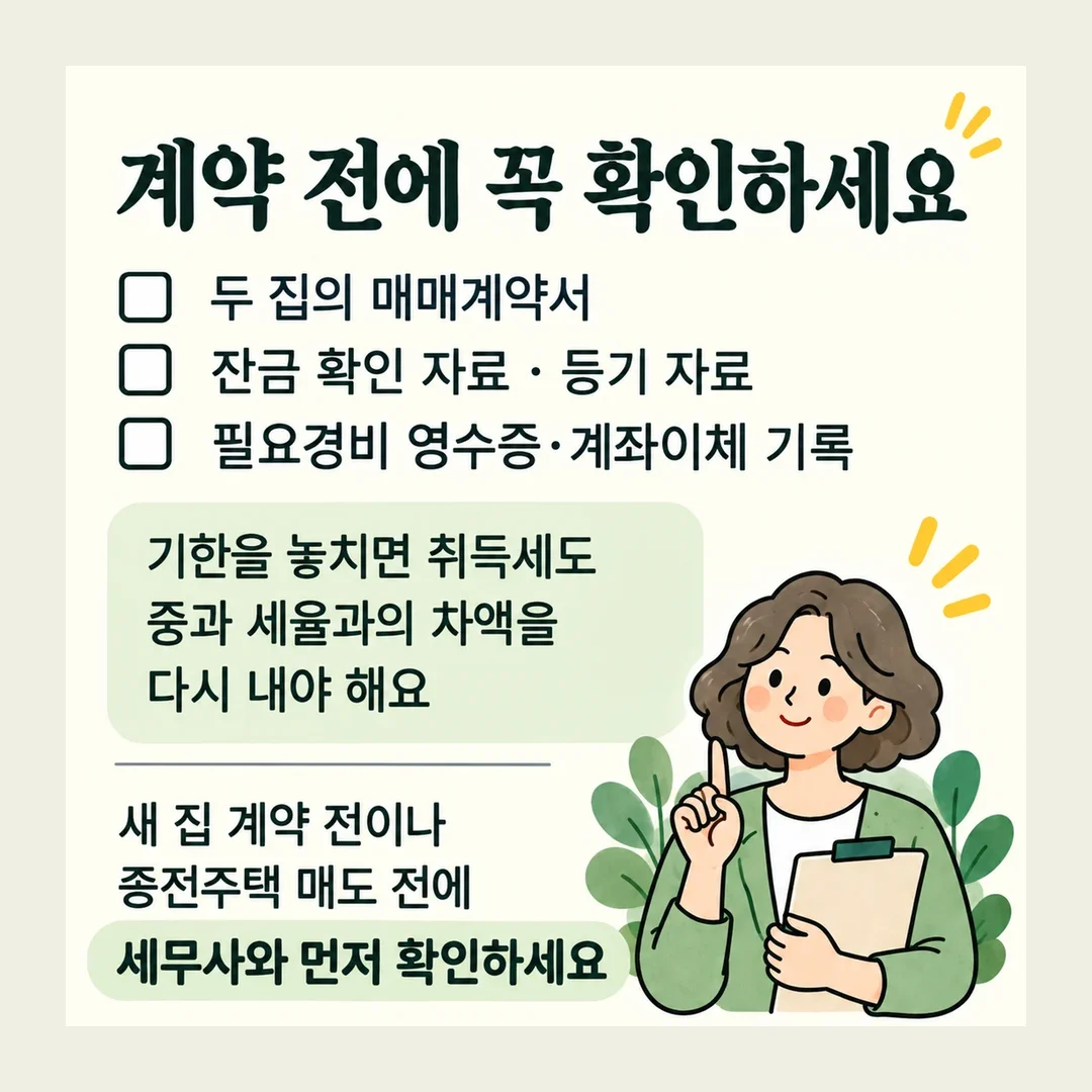 계약 전에 꼭 확인하세요 두 집의 매매계약서 잔금 확인 자료 · 등기 자료 필요경비 영수증·계좌이체 기록 기한을 놓치면 취득세도 중과 세율과의 차액을 다시 내야 해요 새 집 계약 전이나 종전주택 매도 전에 세무사와 먼저 확인하세요