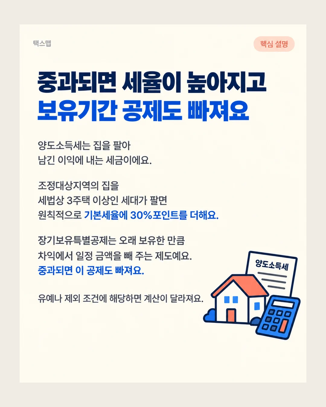 택스맵 핵심 설명 중과되면 세율이 높아지고 보유기간 공제도 빠져요 양도소득세는 집을 팔아 남긴 이익에 내는 세금이에요. 조정대상지역의 집을 세법상 3주택 이상인 세대가 팔면 원칙적으로 기본세율에 30%포인트를 더해요. 장기보유특별공제는 오래 보유한 만큼 차익에서 일정 금액을 빼 주는 제도예요. 중과되면 이 공제도 빠져요. 유예나 제외 조건에 해당하면 계산이 달라져요. 양도소득세