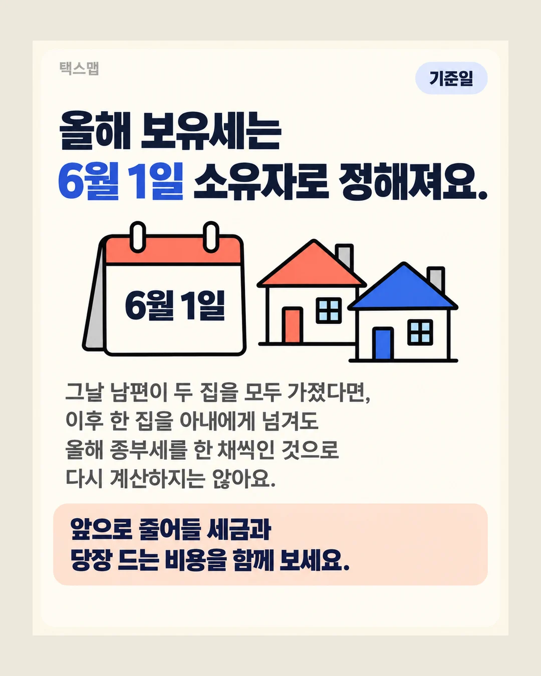 택스맵 기준일 올해 보유세는 6월 1일 소유자로 정해져요. 6월 1일 그날 남편이 두 집을 모두 가졌다면, 이후 한 집을 아내에게 넘겨도 올해 종부세를 한 채씩인 것으로 다시 계산하지는 않아요. 앞으로 줄어들 세금과 당장 드는 비용을 함께 보세요.