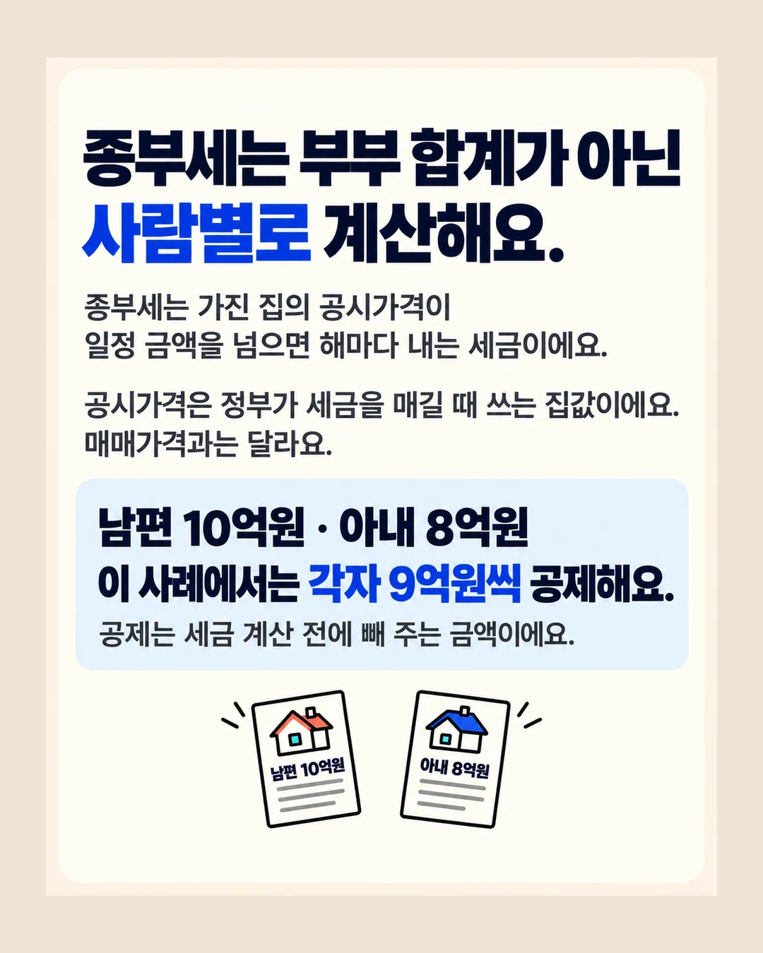 종부세는 부부 합계가 아닌 사람별로 계산해요. 종부세는 가진 집의 공시가격이 일정 금액을 넘으면 해마다 내는 세금이에요. 공시가격은 정부가 세금을 매길 때 쓰는 집값이에요. 매매가격과는 달라요. 남편 10억원 · 아내 8억원 이 사례에서는 각자 9억원씩 공제해요. 공제는 세금 계산 전에 빼 주는 금액이에요. 남편 10억원 아내 8억원