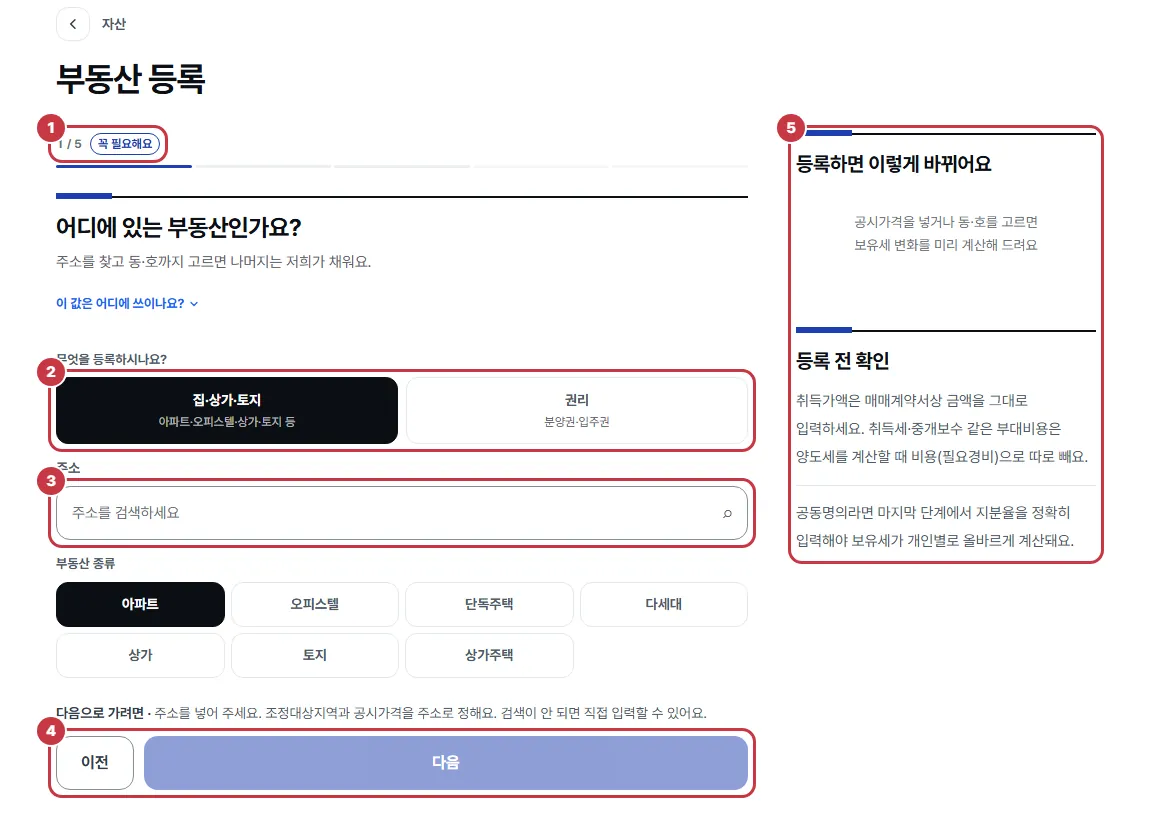 부동산 등록 첫 단계: 단계 표시, 집·상가·토지 또는 권리 선택, 주소 검색 칸, 이전·다음 단추, 오른쪽 안내