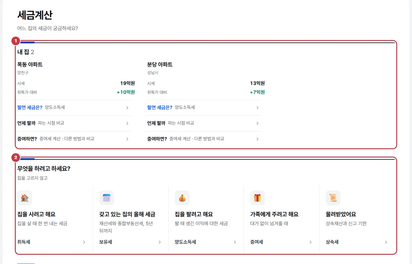 세금계산 화면: 내 집마다 팔면 세금은·언제 팔까·증여하면 단추, 하려는 일 다섯 칸